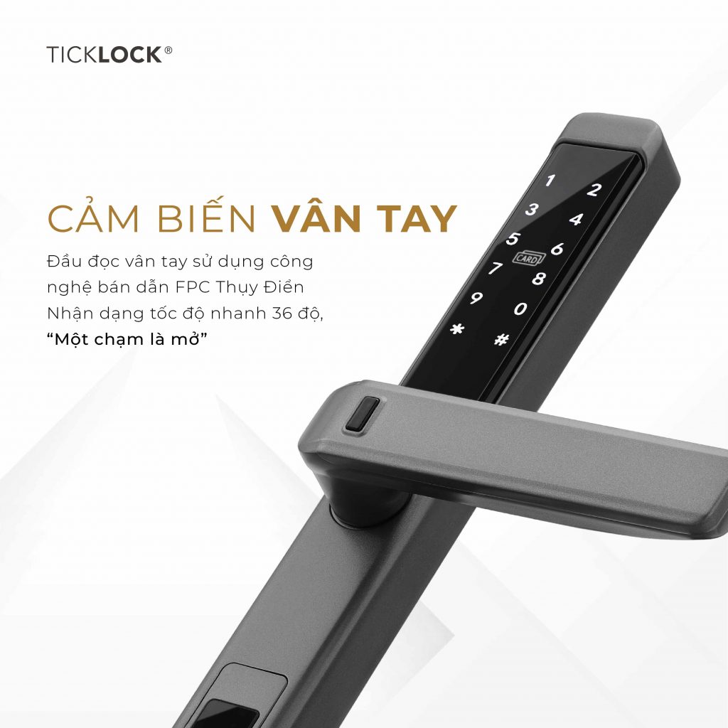 Khóa cửa thông minh TICKLOCK VIỆT NAM I939 sử dụng đầu đọc vân tay Cảm biến vân tay FPC siêu nhạy trên tay cầm TICKLOCK I939