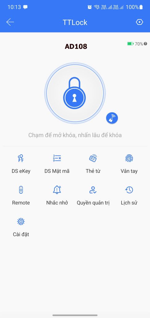 Giao diện app ttlock quản lý khóa