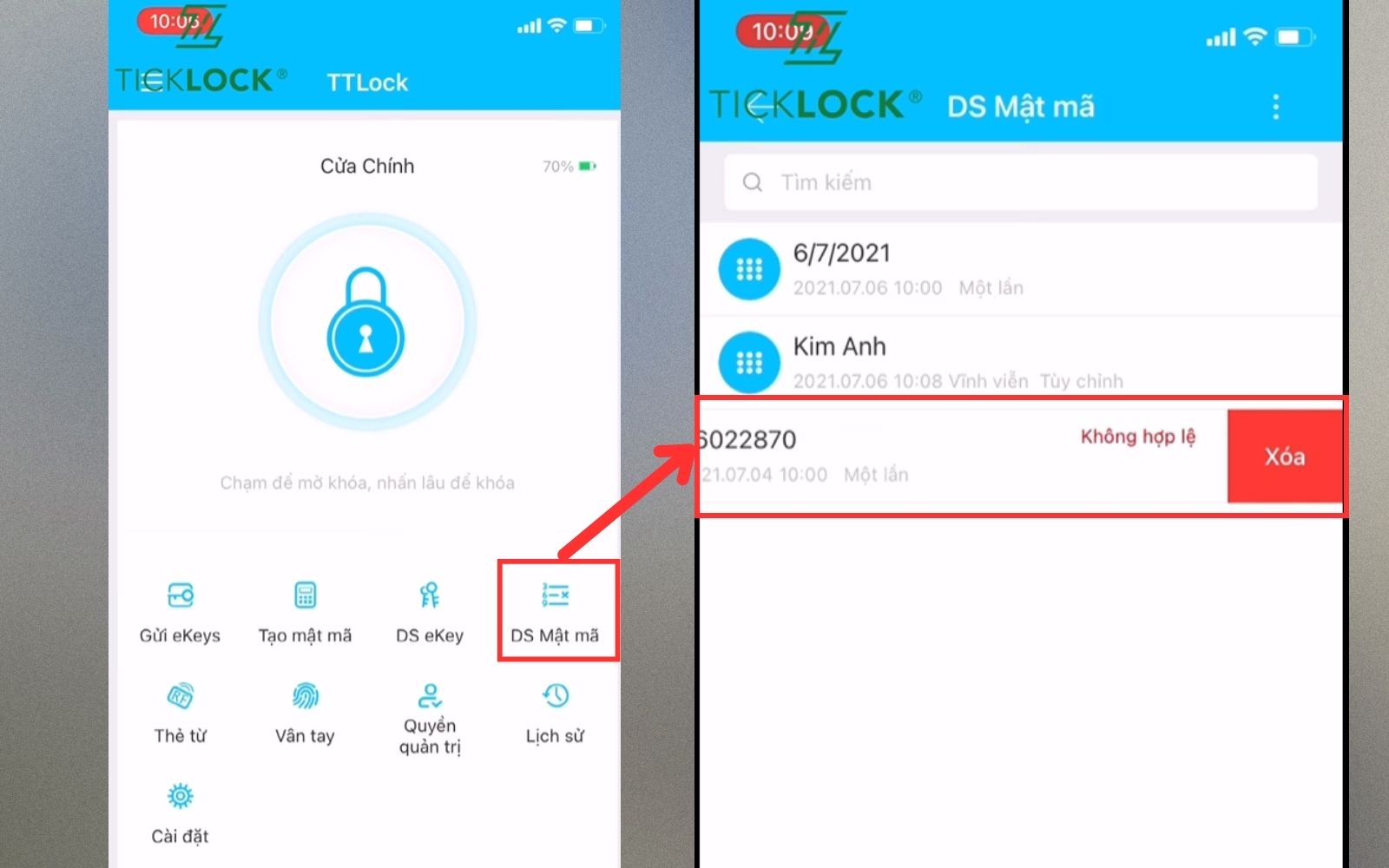 Hướng dẫn sử dụng app TTLOCK xóa mật mã đã tạo Hướng dẫn sử dụng app TTLOCK xóa mật mã đã tạo