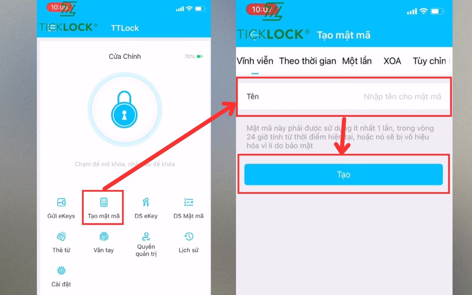 Vào “Tạo mật mã” và đặt tên mật mã Vào “Tạo mật mã” và đặt tên mật mã
