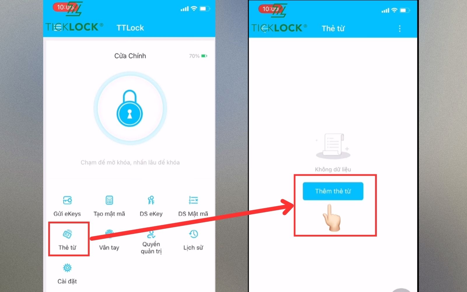 Hướng dẫn sử dụng TTLOCK thêm thẻ từ – Vào mục “Thẻ từ” và nhấn “Thêm thẻ từ” Hướng dẫn sử dụng TTLOCK thêm thẻ từ – Vào mục “Thẻ từ” và nhấn “Thêm thẻ từ”