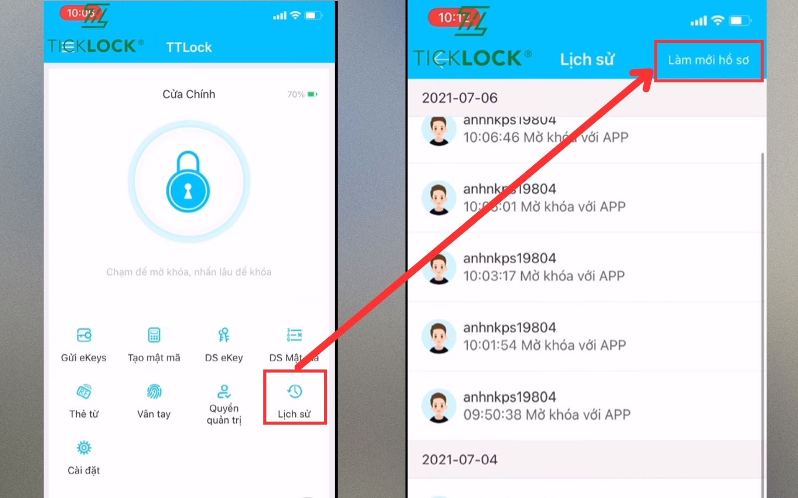 Hướng dẫn sử dụng ứng dụng TTLOCK xem lịch sử ra vào cửa Hướng dẫn sử dụng ứng dụng TTLOCK xem lịch sử ra vào cửa