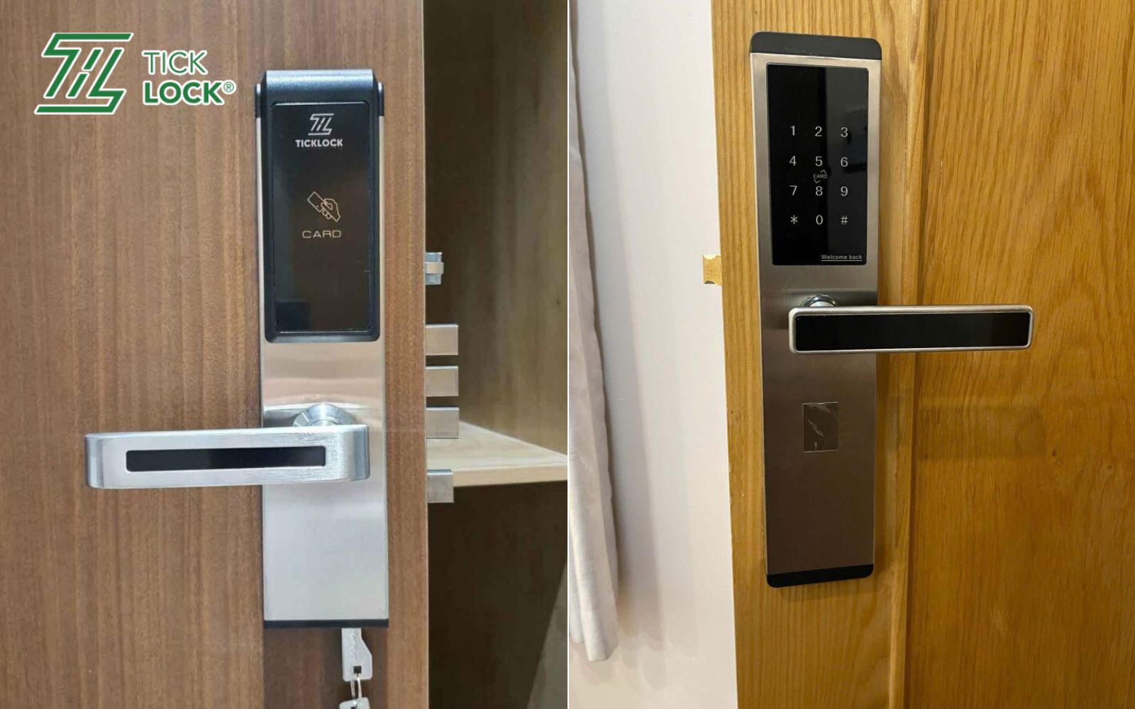 Hình ảnh thực tế của dự án lắp khóa thẻ từ vân tay TICKLOCK T300 cho cửa gỗ khách sạn