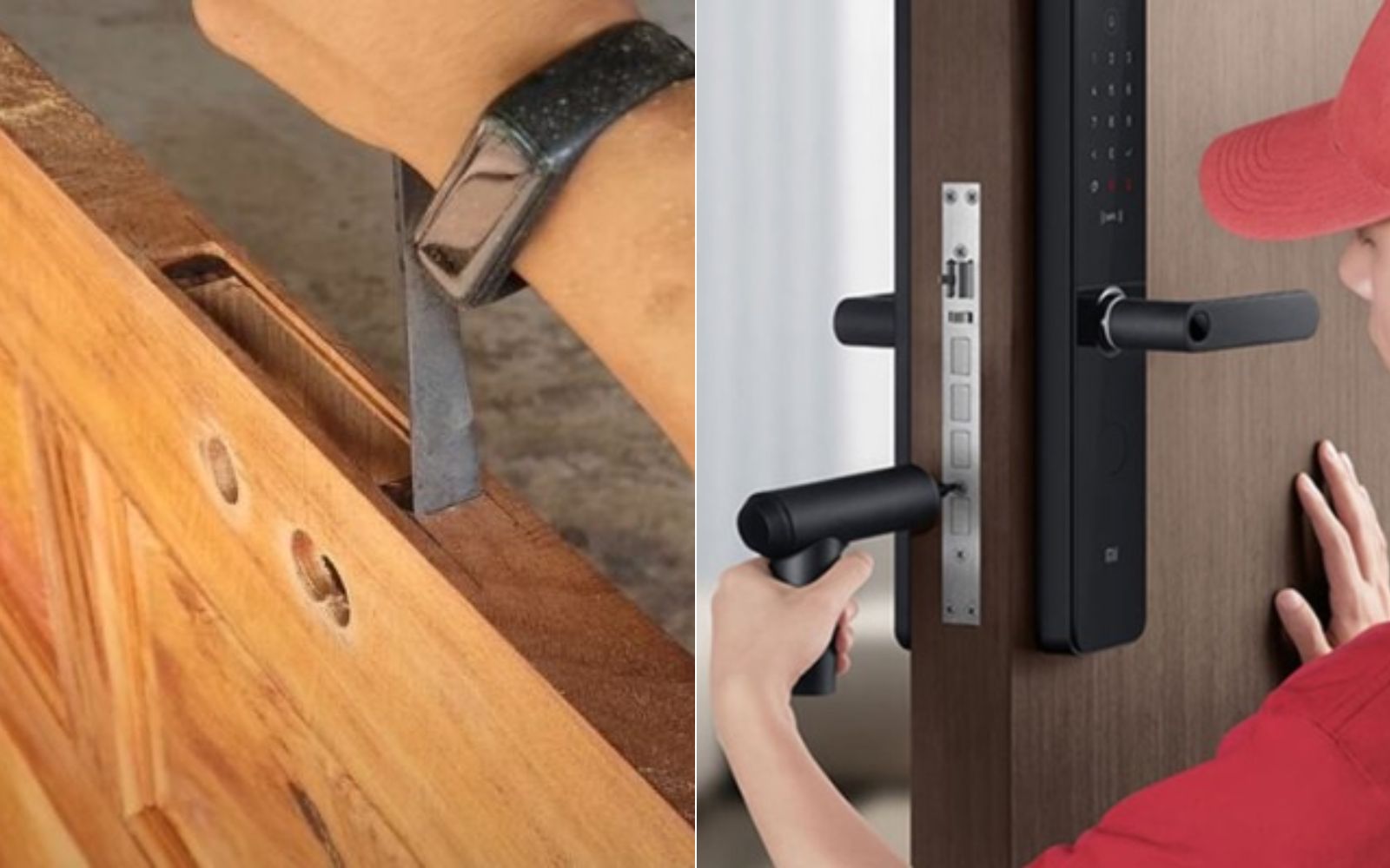 Khoét lỗ trên cửa gỗ để gắn ruột của khóa điện tử