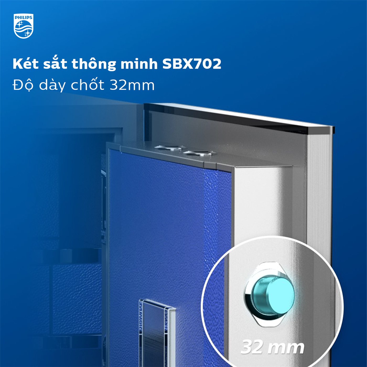 Cận cảnh chốt thép dày 32mm trên cánh cửa két sắt Philips