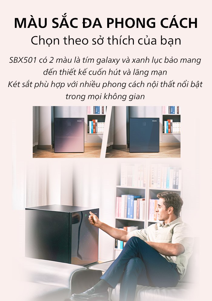 Hai màu tím galaxy và xanh lục bảo của két Philips SBX501