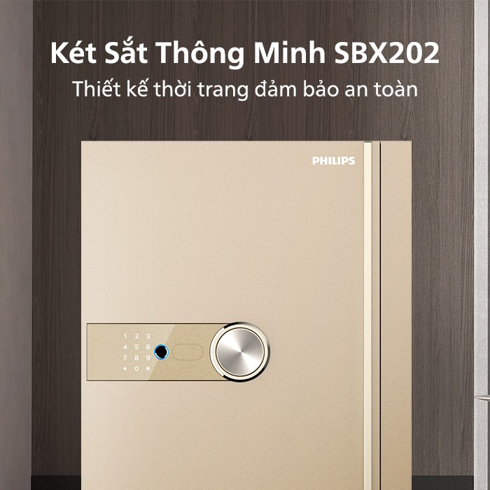  Két sắt thông minh Philips SBX202 bản màu vàng gold đặt cạnh tường gỗ