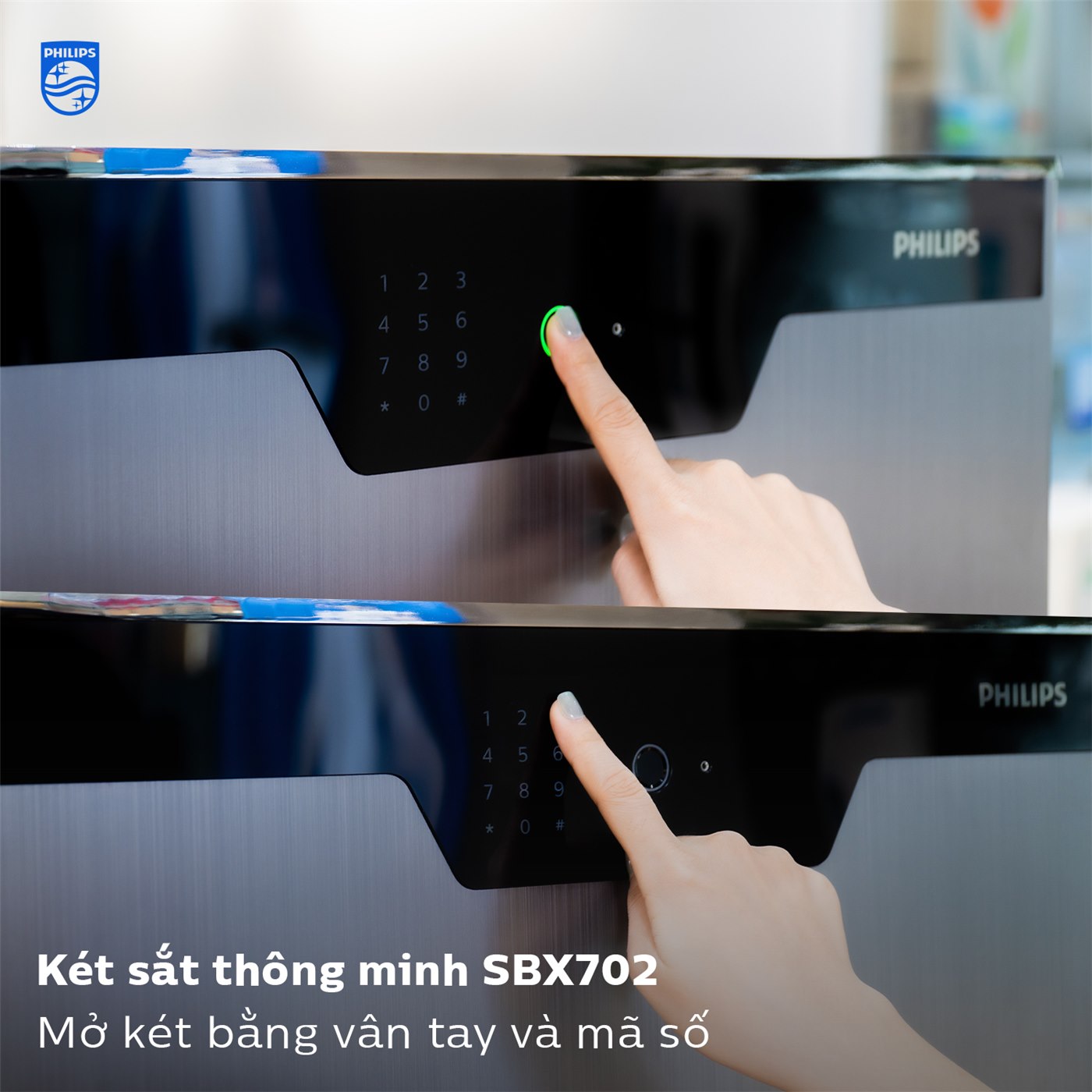 Hai thao tác mở két sắt Philips SBX702 bằng vân tay và mã số