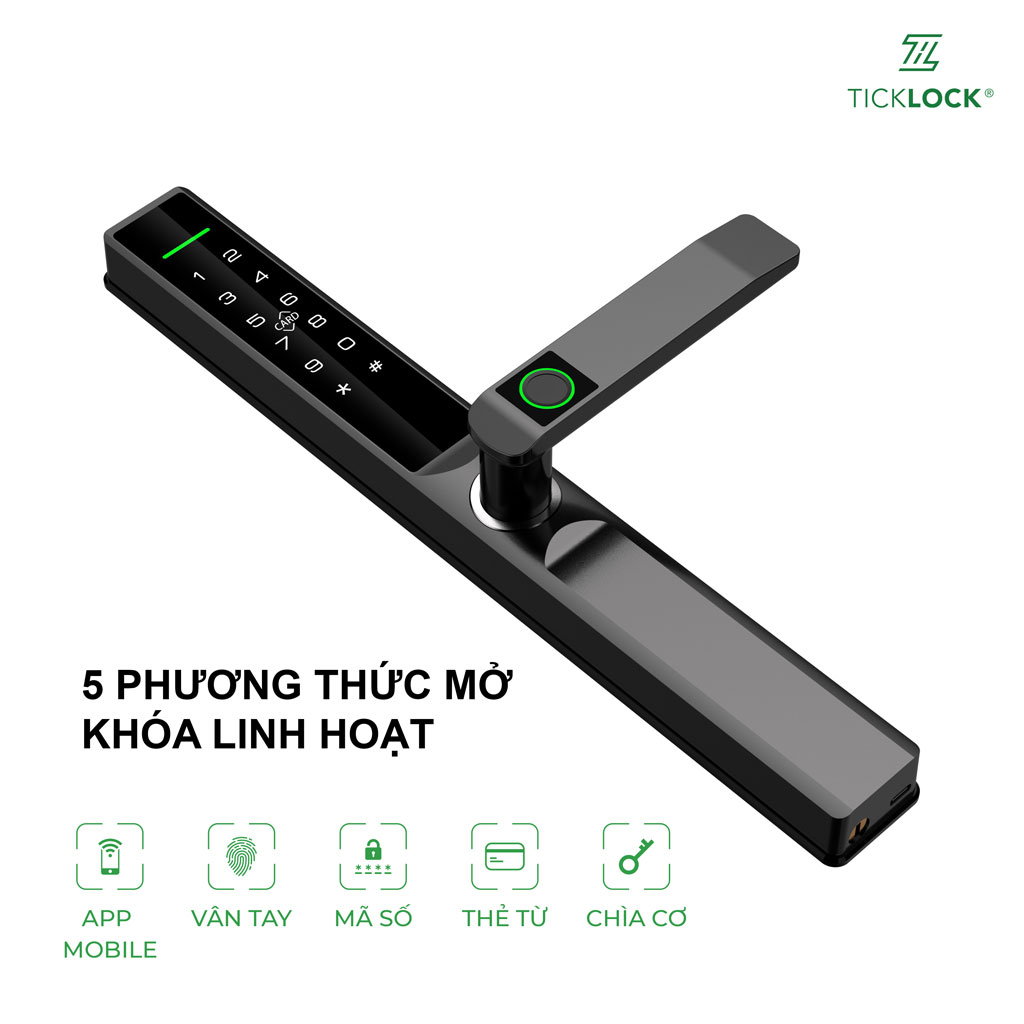 Năm cách mở của TICKLOCK AD106: app, vân tay, mã số, thẻ và chìa cơ