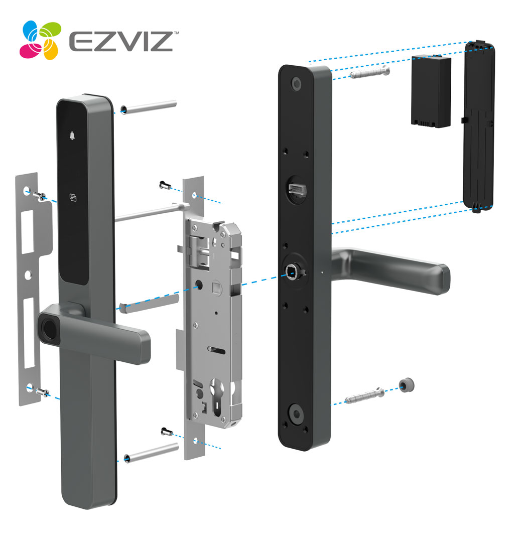 Cụm thân khóa, lưỡi chốt và ke đón của EZVIZ DL06 khi tháo rời